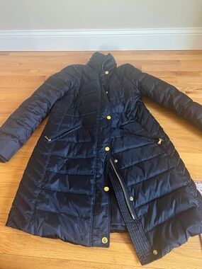 Michael Kors Navy Quilted Long Puffer Coat with Gold Hardware